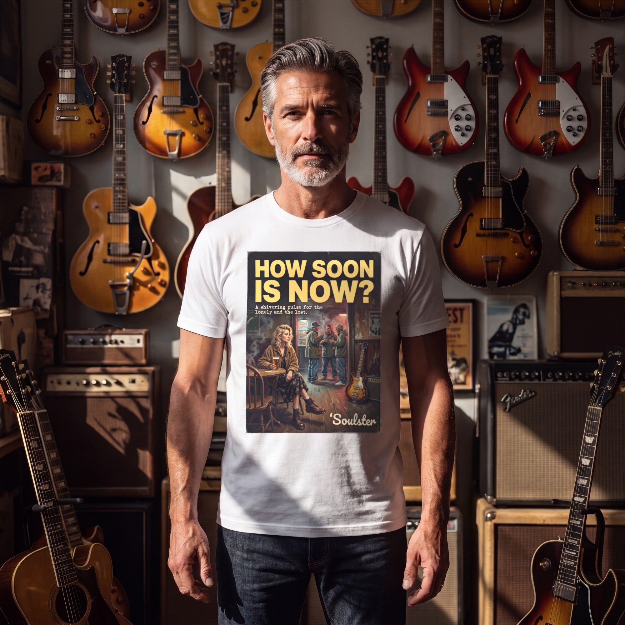 Man wearing the How Soon Is Now T-Shirt - Northern Life Edition in a guitar shop in natural daylight.