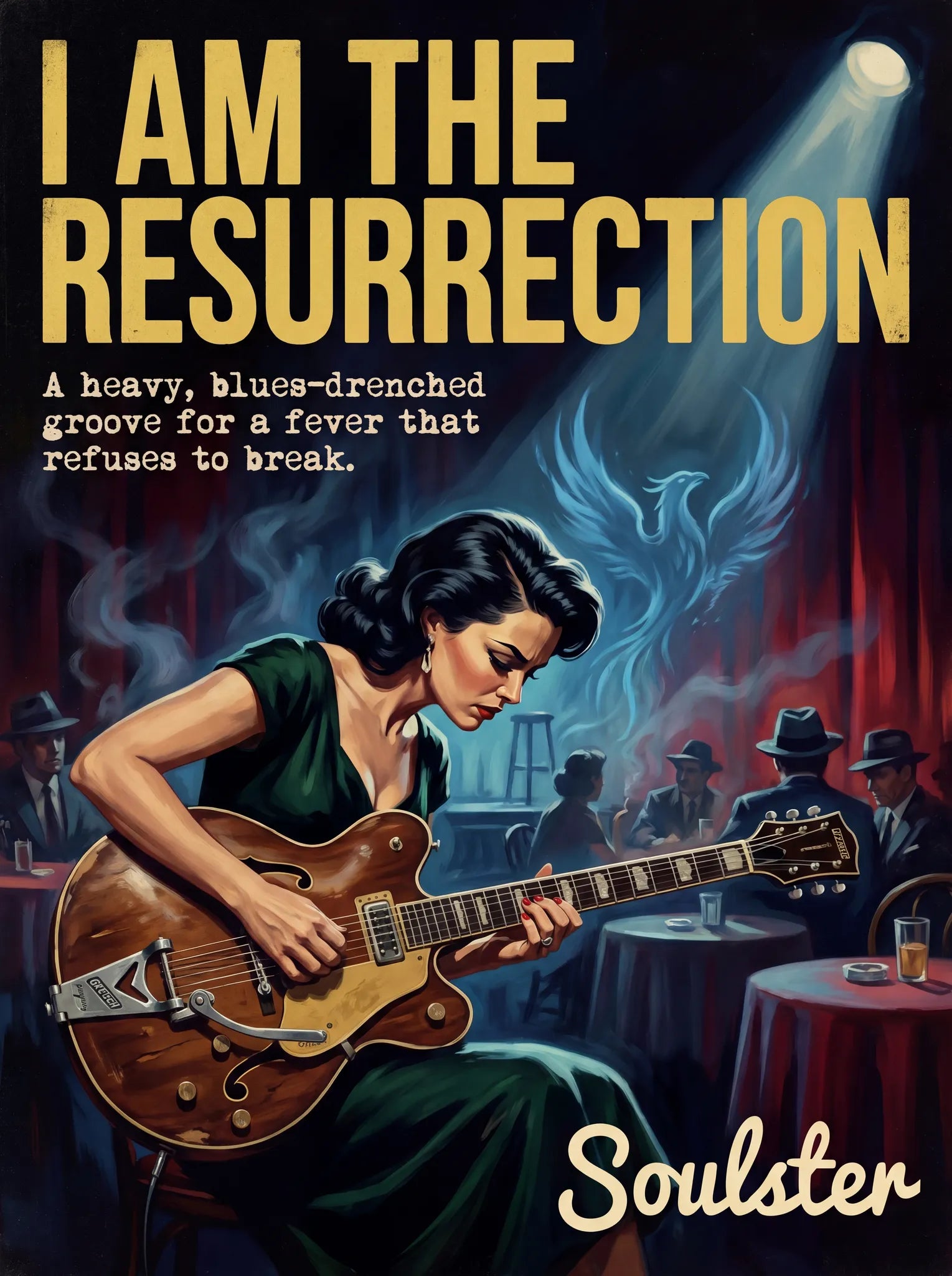 Soulster cinematic vintage pulp book cover art print illustration styled in a classic 1950s design layout inspired by I Am The Resurrection.