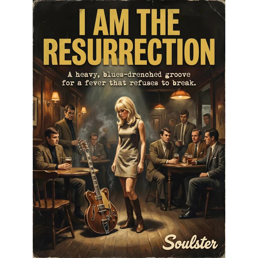 Soulster cinematic vintage pulp book cover art print illustration styled in a classic 1960s design layout inspired by I Am The Resurrection.