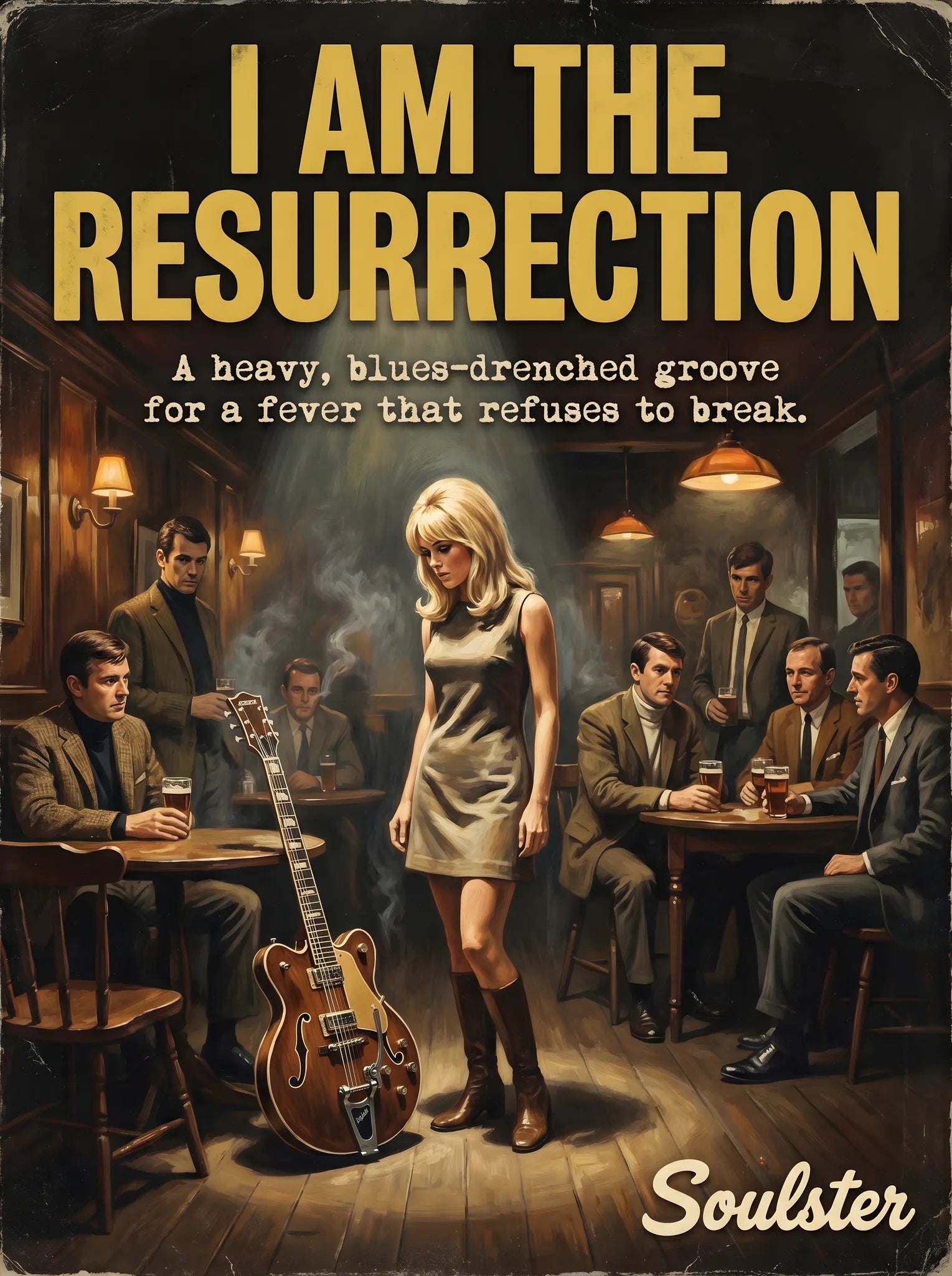 Soulster cinematic vintage pulp book cover art print illustration styled in a classic 1960s design layout inspired by I Am The Resurrection.