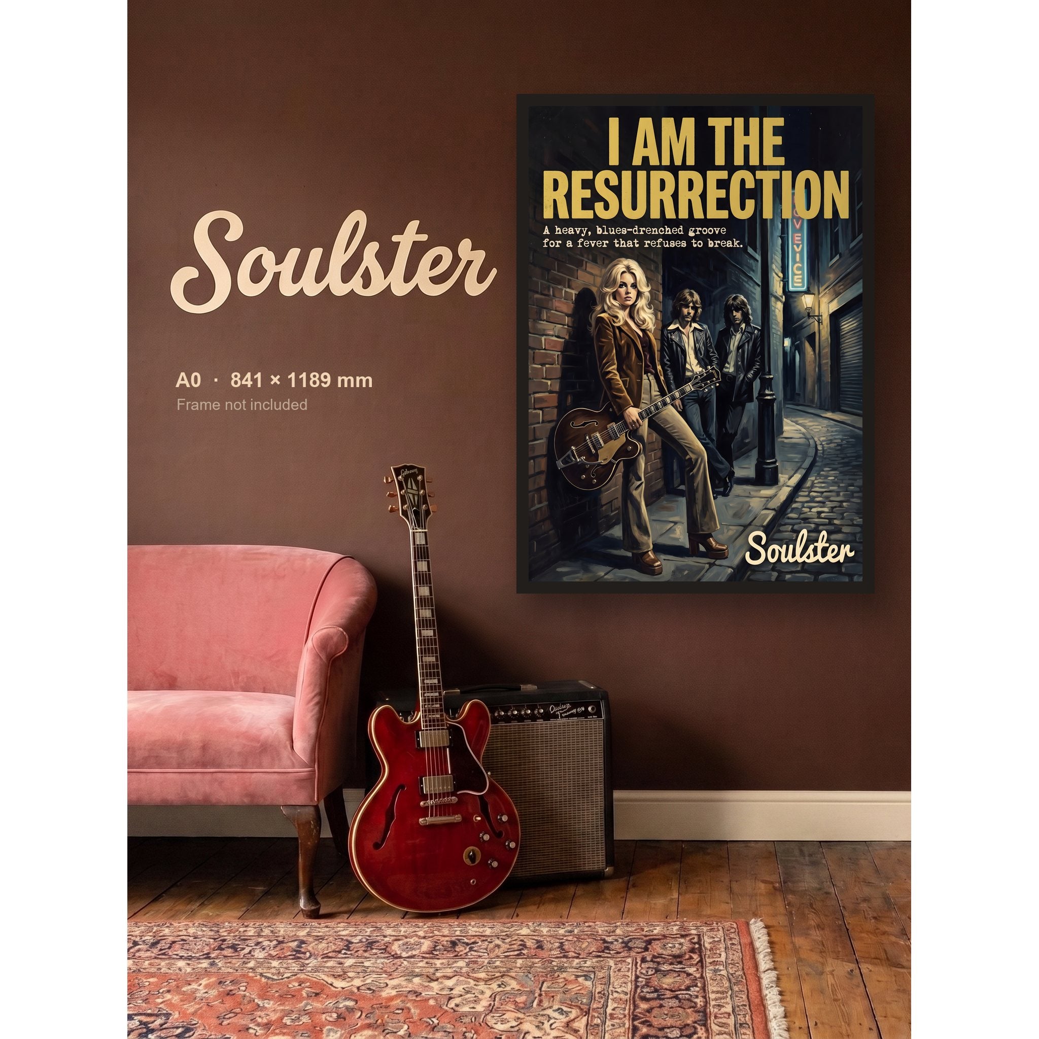 I Am The Resurrection - 1970s Print shown framed on a wall in A0 size. Frame not included.