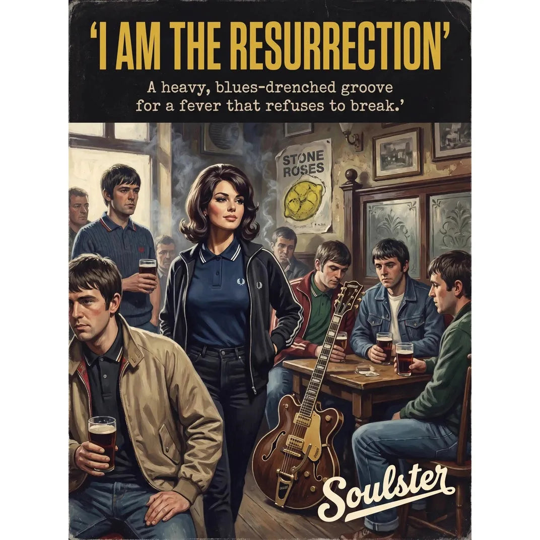 Soulster retro pulp thriller book cover style art print illustration inspired by The Stone Roses - I Am The Resurrection.