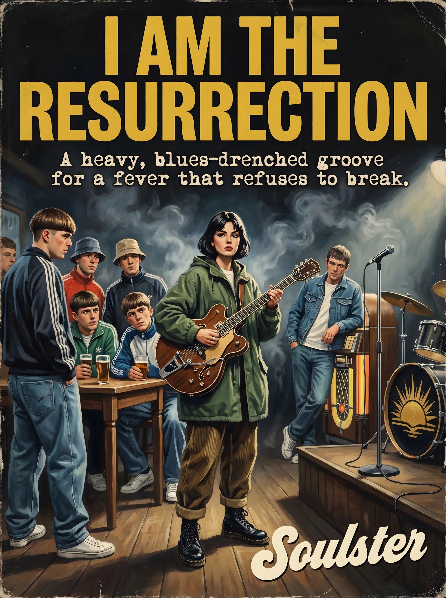 Soulster cinematic vintage pulp book cover art print illustration styled in a classic 1990s design layout inspired by I Am The Resurrection.