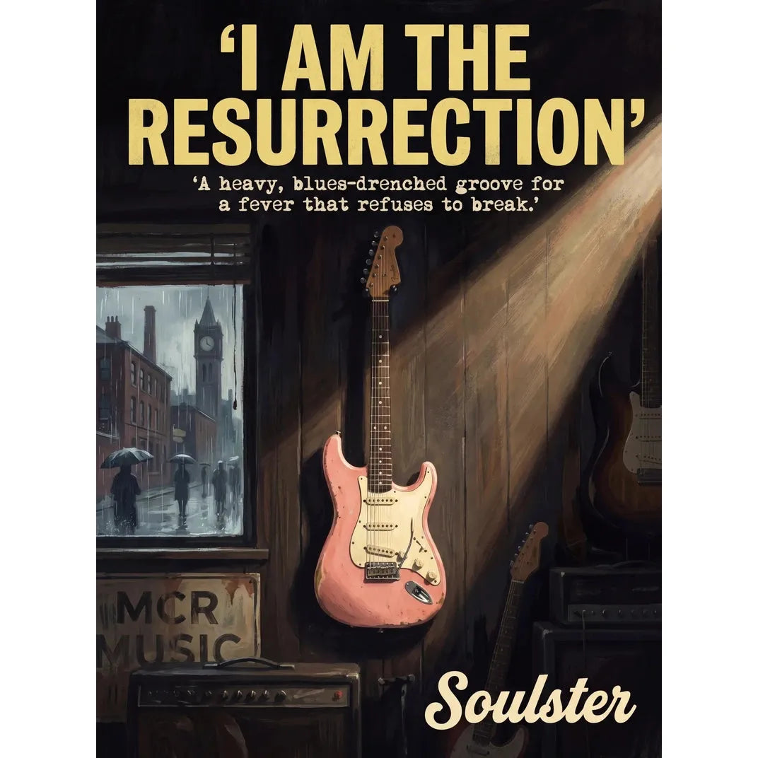 Soulster Manchester Edition wall art print showing a cinematic pulp style design of a Vintage Guitar inspired by I Am The Resurrection.