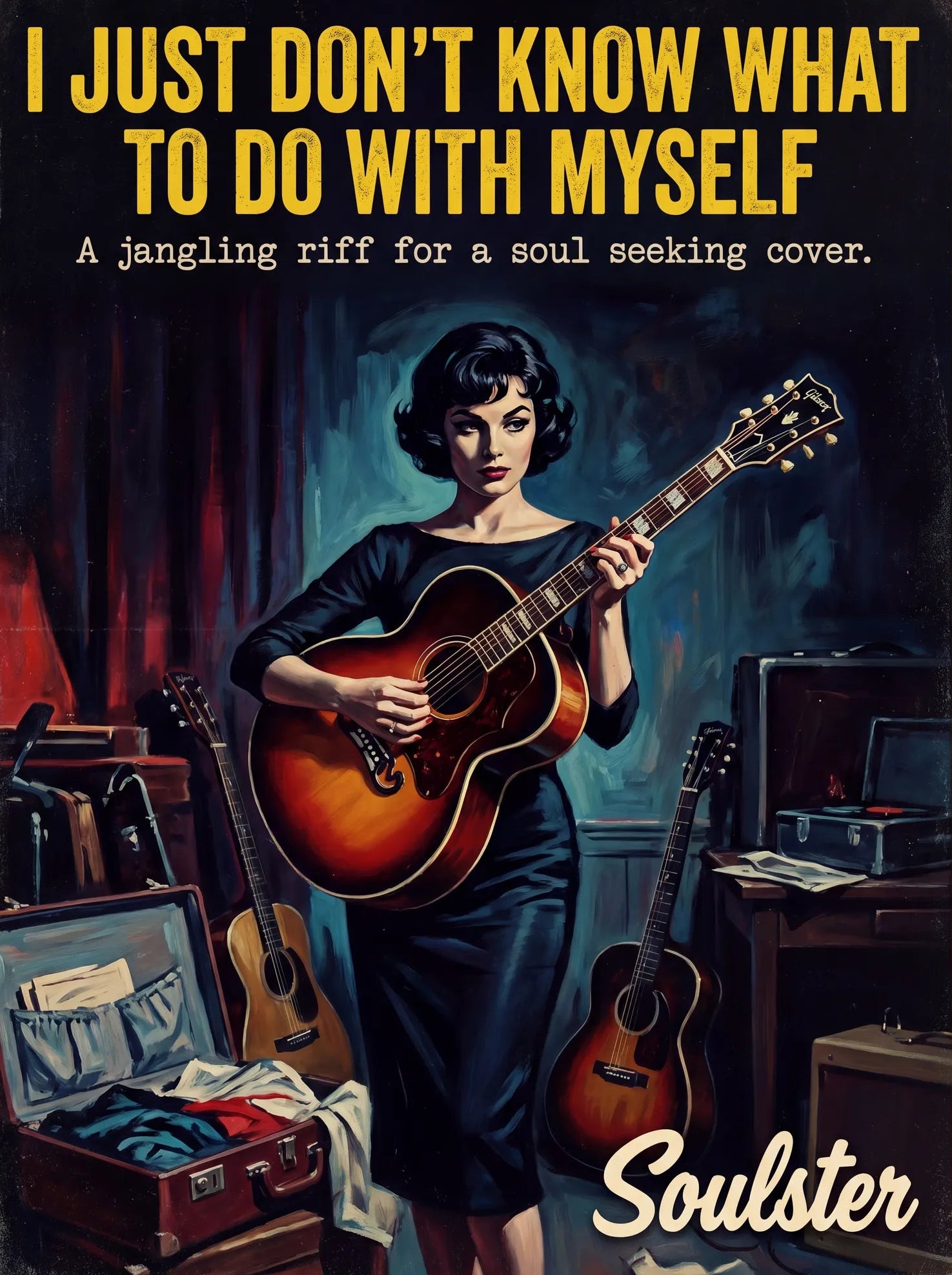 Soulster cinematic vintage pulp book cover art print illustration styled in a classic 1950s theme inspired by I Just Don't Know What To Do With Myself.
