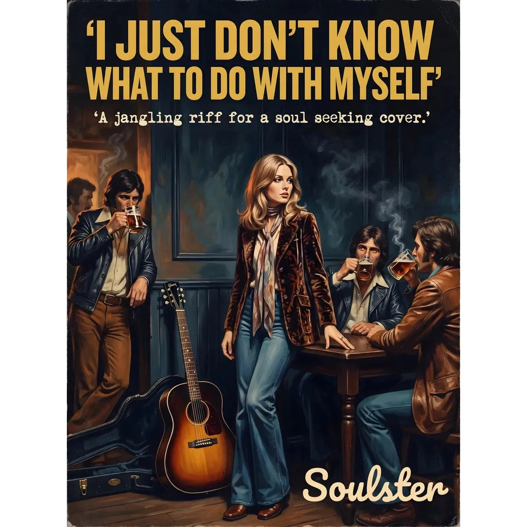 Soulster cinematic vintage pulp book cover art print illustration styled in a classic 1970s theme inspired by I Just Don't Know What To Do With Myself.