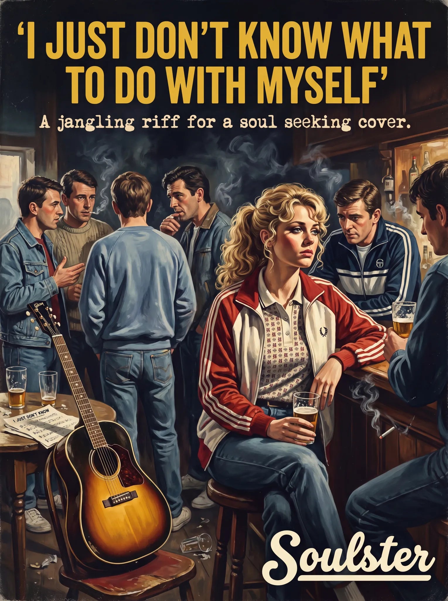 Soulster retro pulp thriller book cover style art print illustration inspired by Alternative Indie - I Just Don't Know What To Do With Myself.
