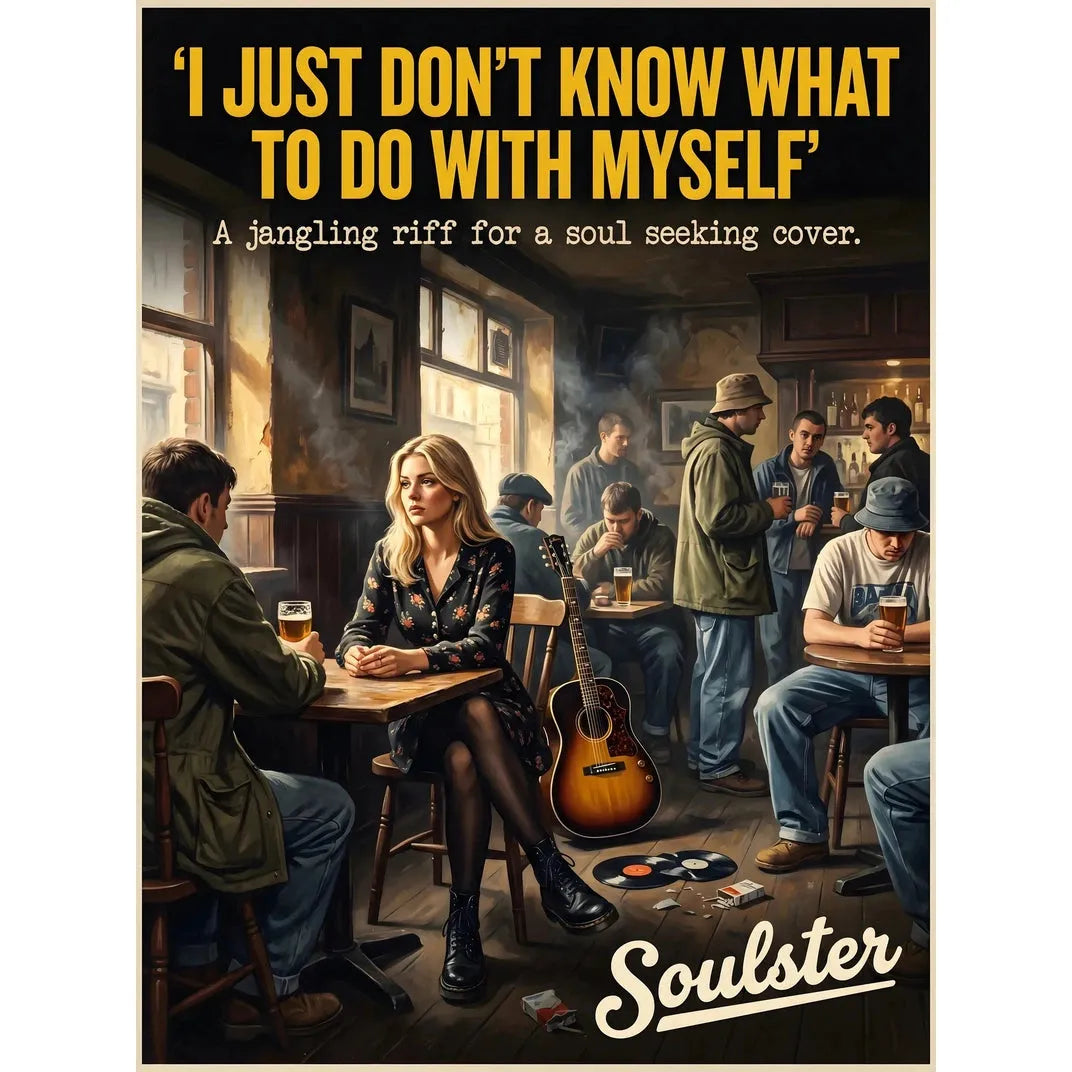Soulster cinematic vintage pulp book cover art print illustration styled in a classic 1990s theme inspired by I Just Don't Know What To Do With Myself.