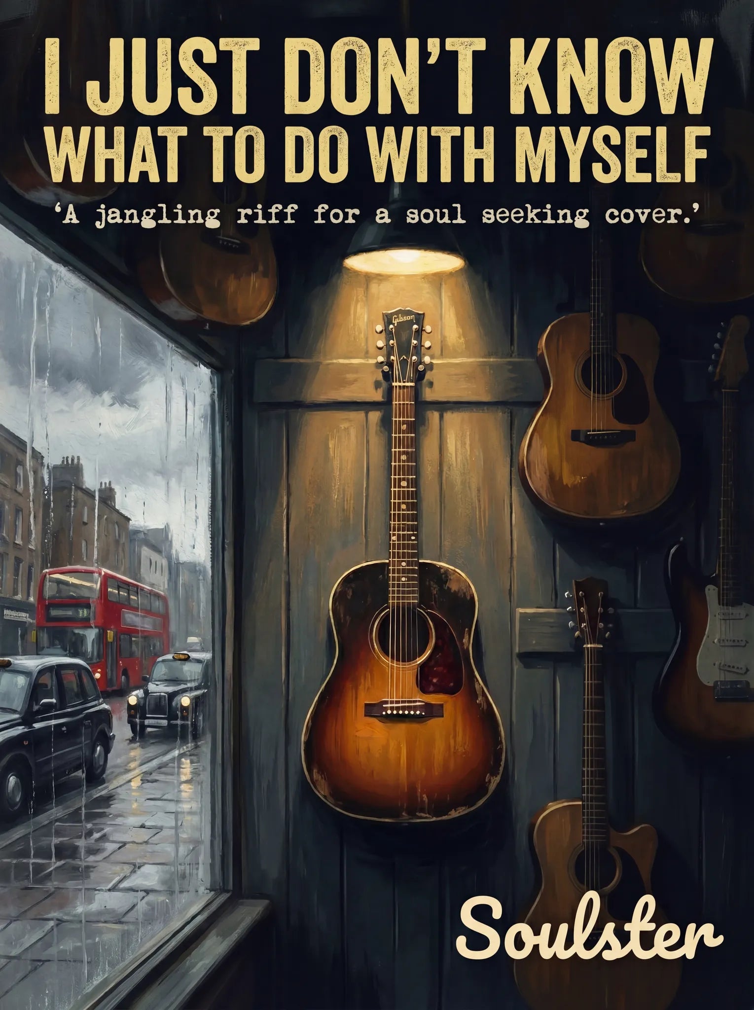 Soulster Manchester Edition wall art print showing a cinematic pulp style design of a Vintage Guitar inspired by I Just Don't Know What To Do With Myself - London.