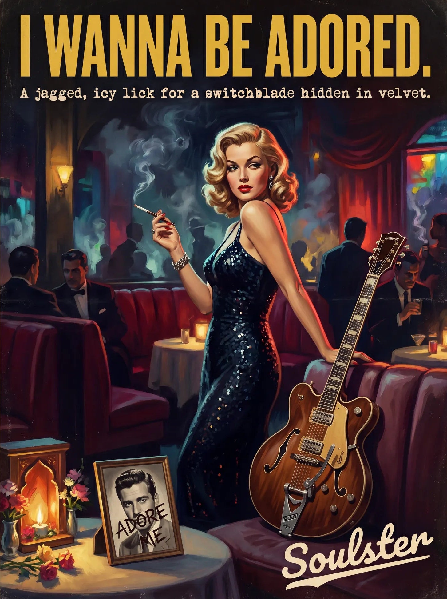 Soulster cinematic vintage pulp book cover art print illustration styled in a classic 1950s design layout inspired by I Wanna Be Adored.