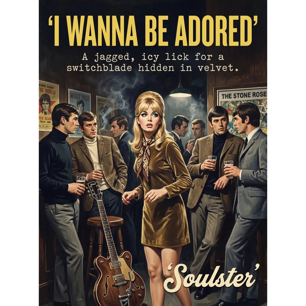 Soulster cinematic vintage pulp book cover art print illustration styled in a classic 1960s design layout inspired by I Wanna Be Adored.
