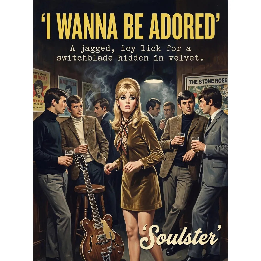 Soulster cinematic vintage pulp book cover art print illustration styled in a classic 1960s design layout inspired by I Wanna Be Adored.
