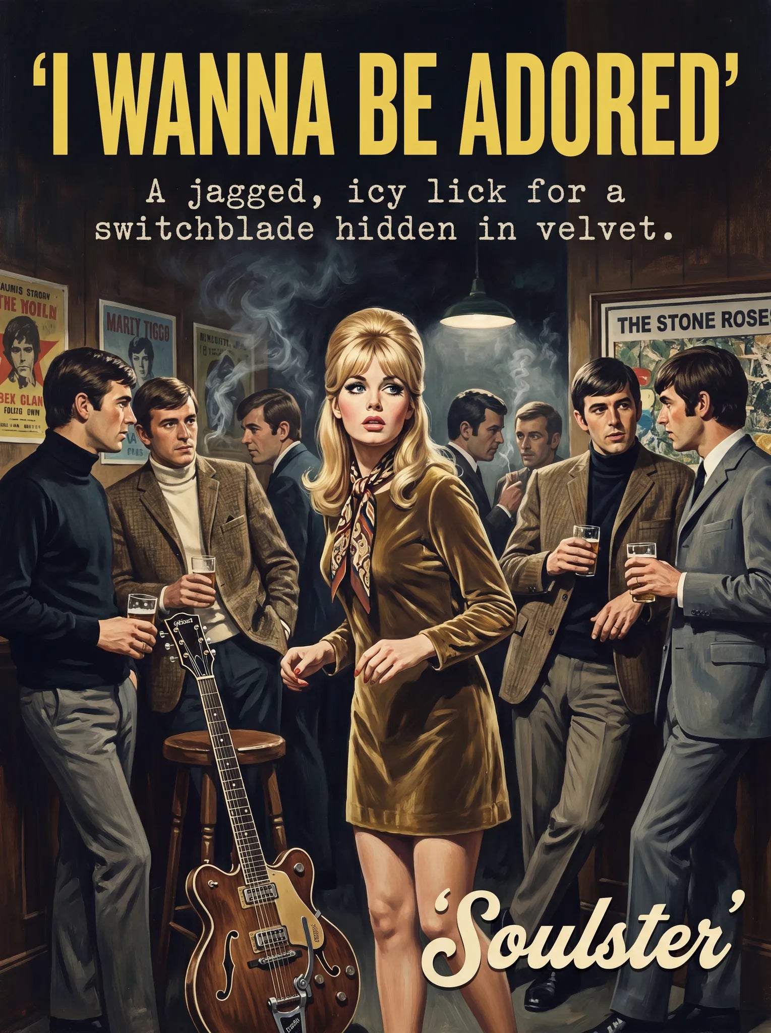 Soulster cinematic vintage pulp book cover art print illustration styled in a classic 1960s design layout inspired by I Wanna Be Adored.