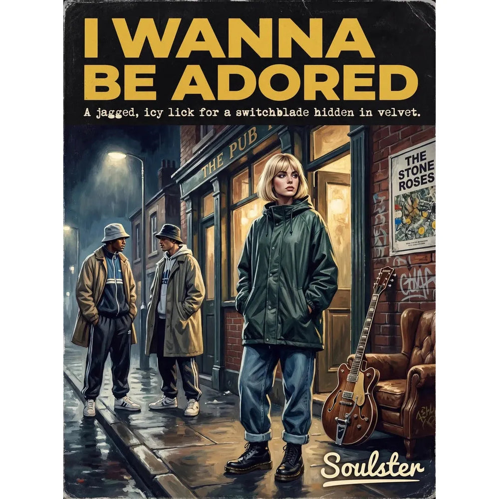 Soulster cinematic vintage pulp book cover art print illustration styled in a classic 1990s design layout inspired by I Wanna Be Adored.