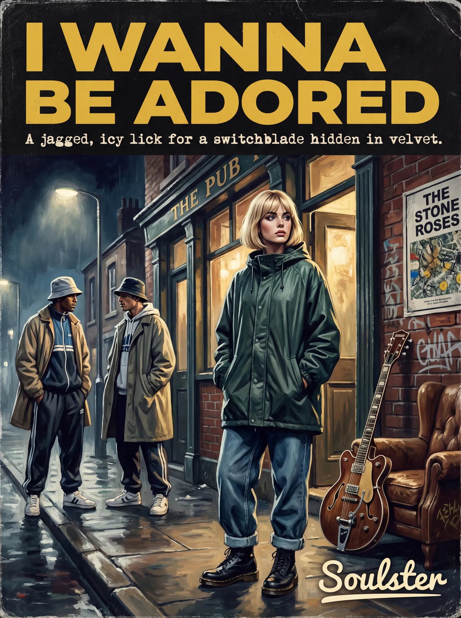 Soulster cinematic vintage pulp book cover art print illustration styled in a classic 1990s design layout inspired by I Wanna Be Adored.