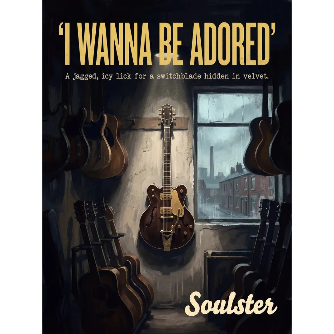 Soulster Manchester Edition wall art print showing a cinematic pulp style design of a Vintage Guitar inspired by I Wanna Be Adored.