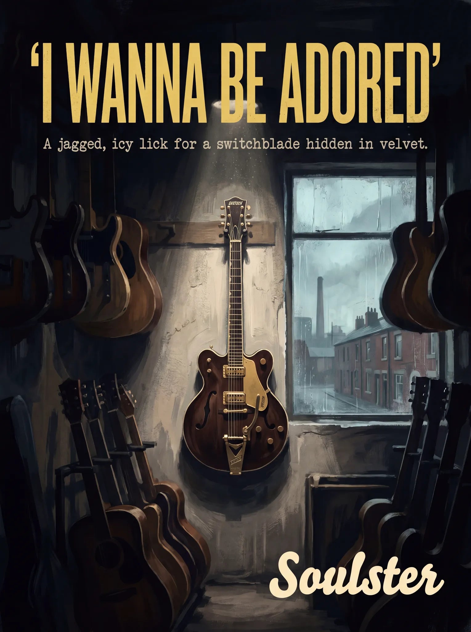 Soulster Manchester Edition wall art print showing a cinematic pulp style design of a Vintage Guitar inspired by I Wanna Be Adored.