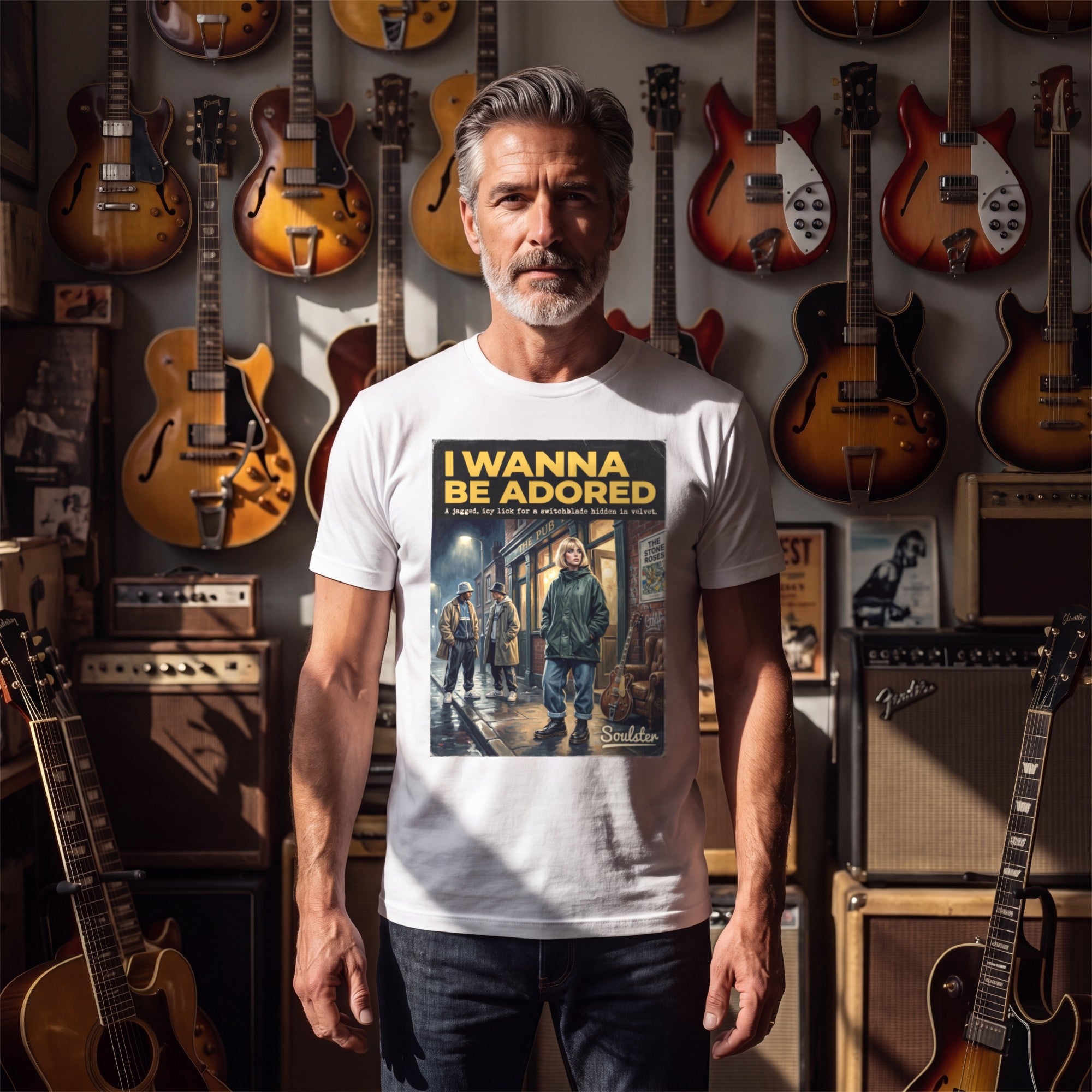 Man wearing the I Wanna Be Adored T-Shirt - Northern Life Edition in a guitar shop in natural daylight.
