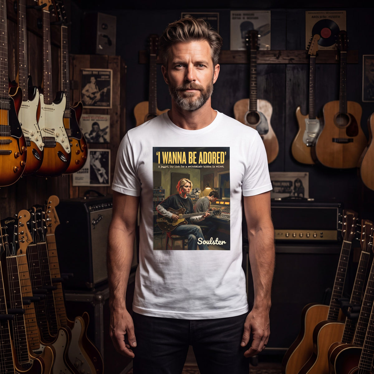 Man wearing the I Wanna Be Adored T-Shirt - Studio Life Edition among vintage guitars and amplifiers.