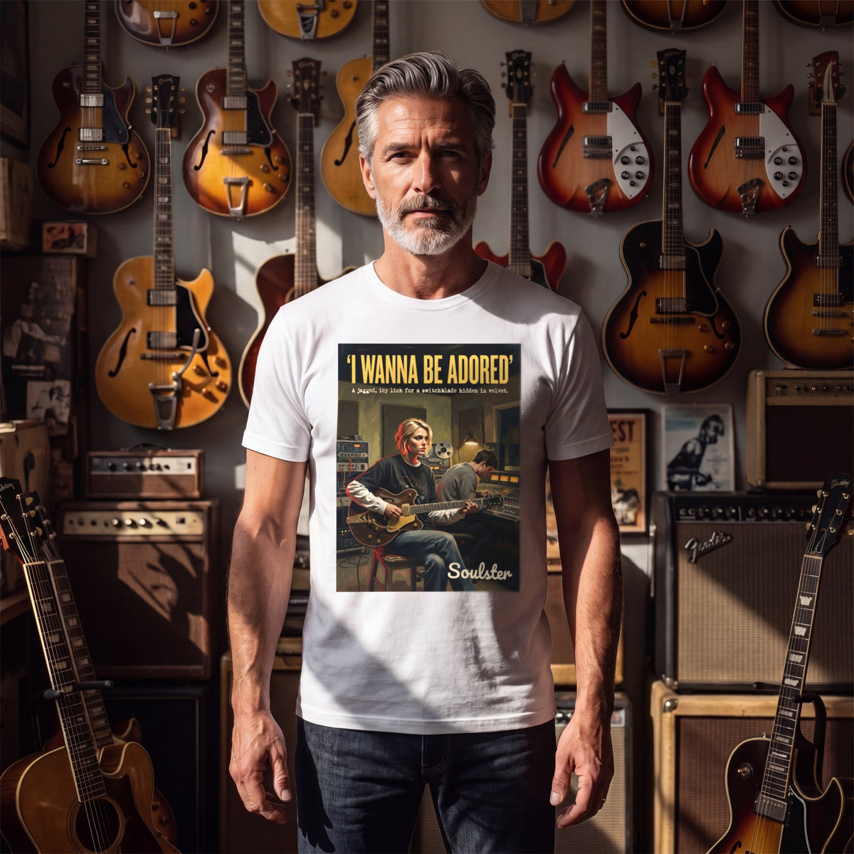 Man wearing the I Wanna Be Adored T-Shirt - Studio Life Edition in a guitar shop in natural daylight.