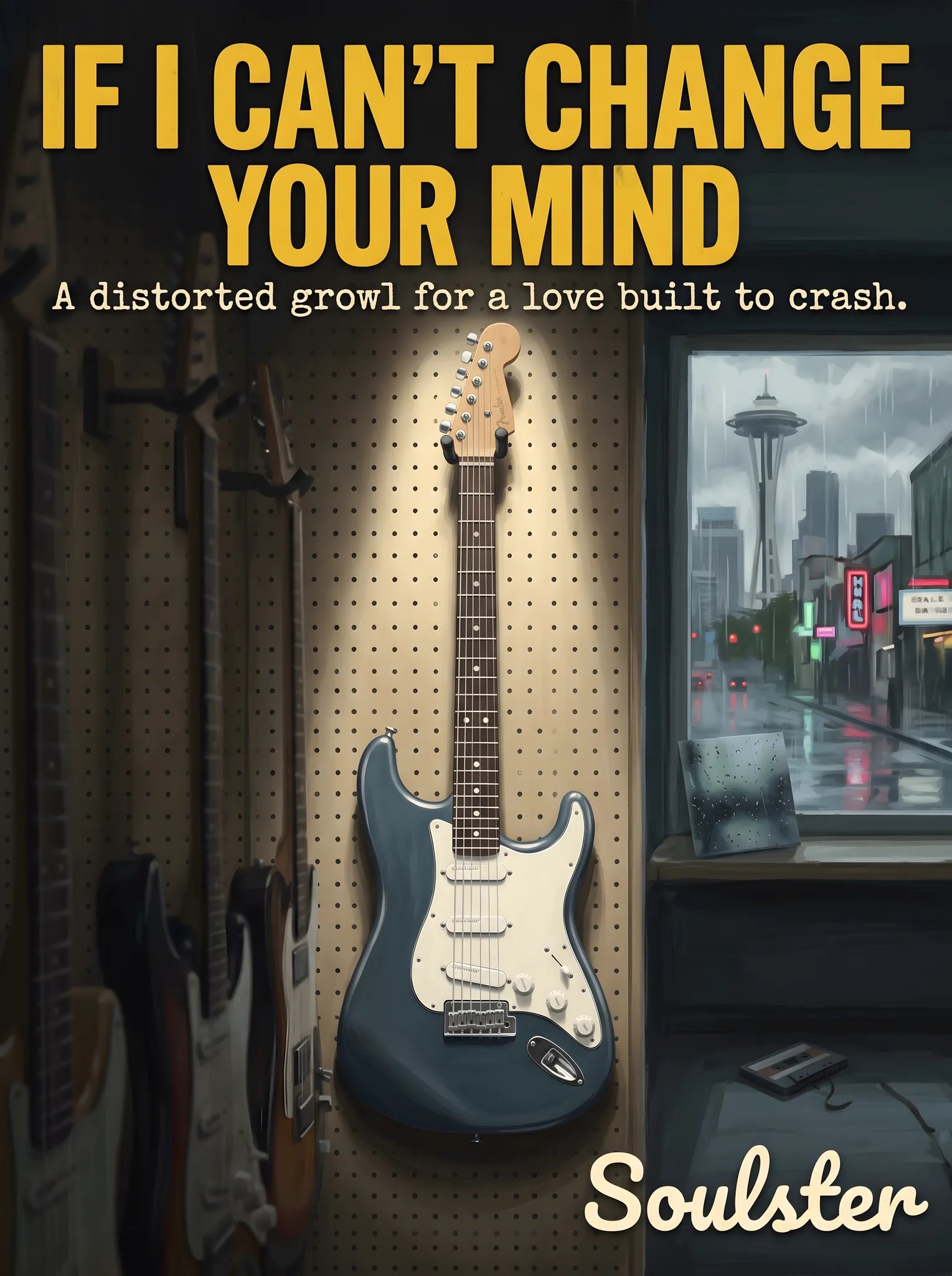 Soulster Manchester Edition wall art print showing a cinematic pulp style design of a Vintage Guitar inspired by If I Can't Change Your Mind - Seattle.