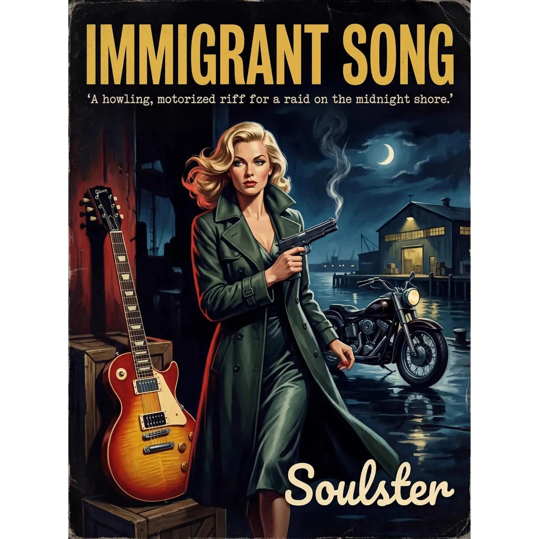 Soulster cinematic vintage pulp book cover art print illustration styled in a classic 1950s design layout inspired by Immigrant Song.