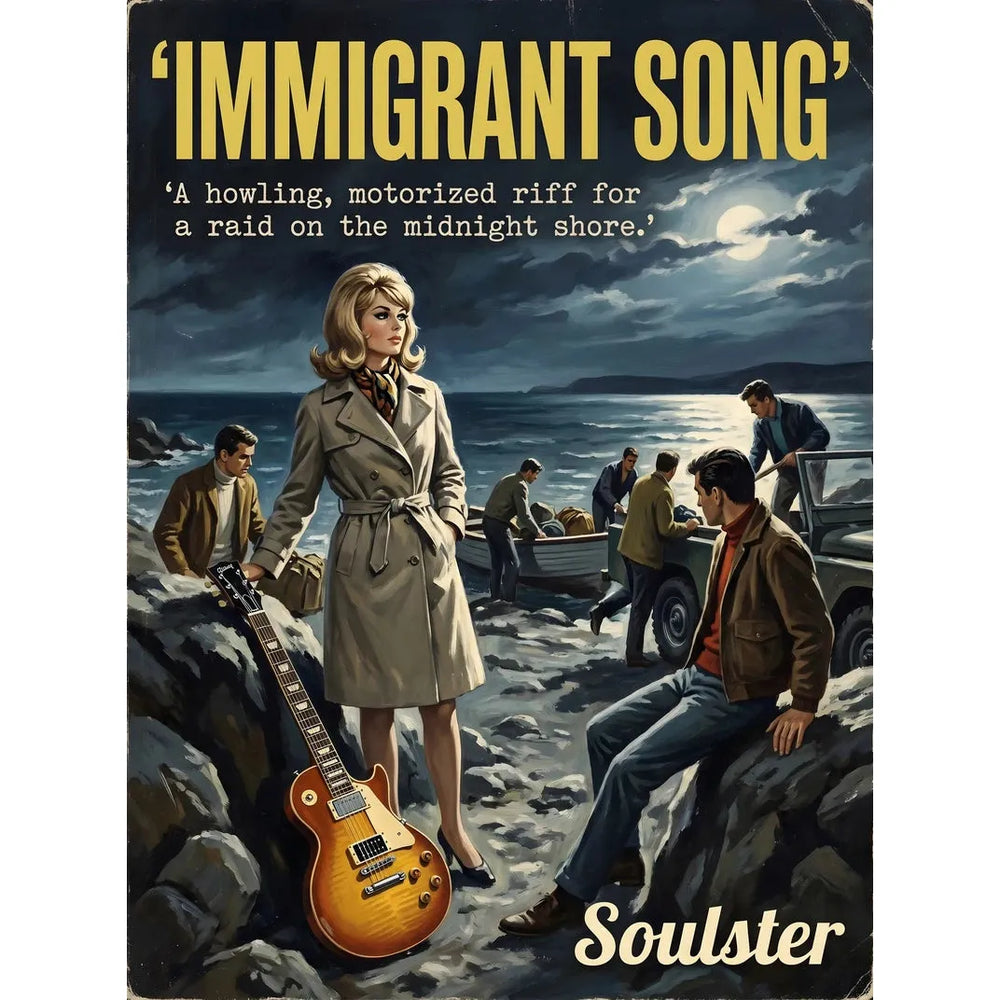 Soulster cinematic vintage pulp book cover art print illustration styled in a classic 1960s design layout inspired by Immigrant Song.