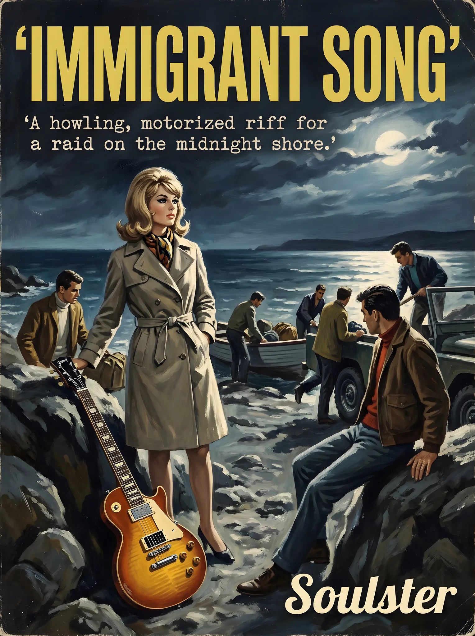 Soulster cinematic vintage pulp book cover art print illustration styled in a classic 1960s design layout inspired by Immigrant Song.