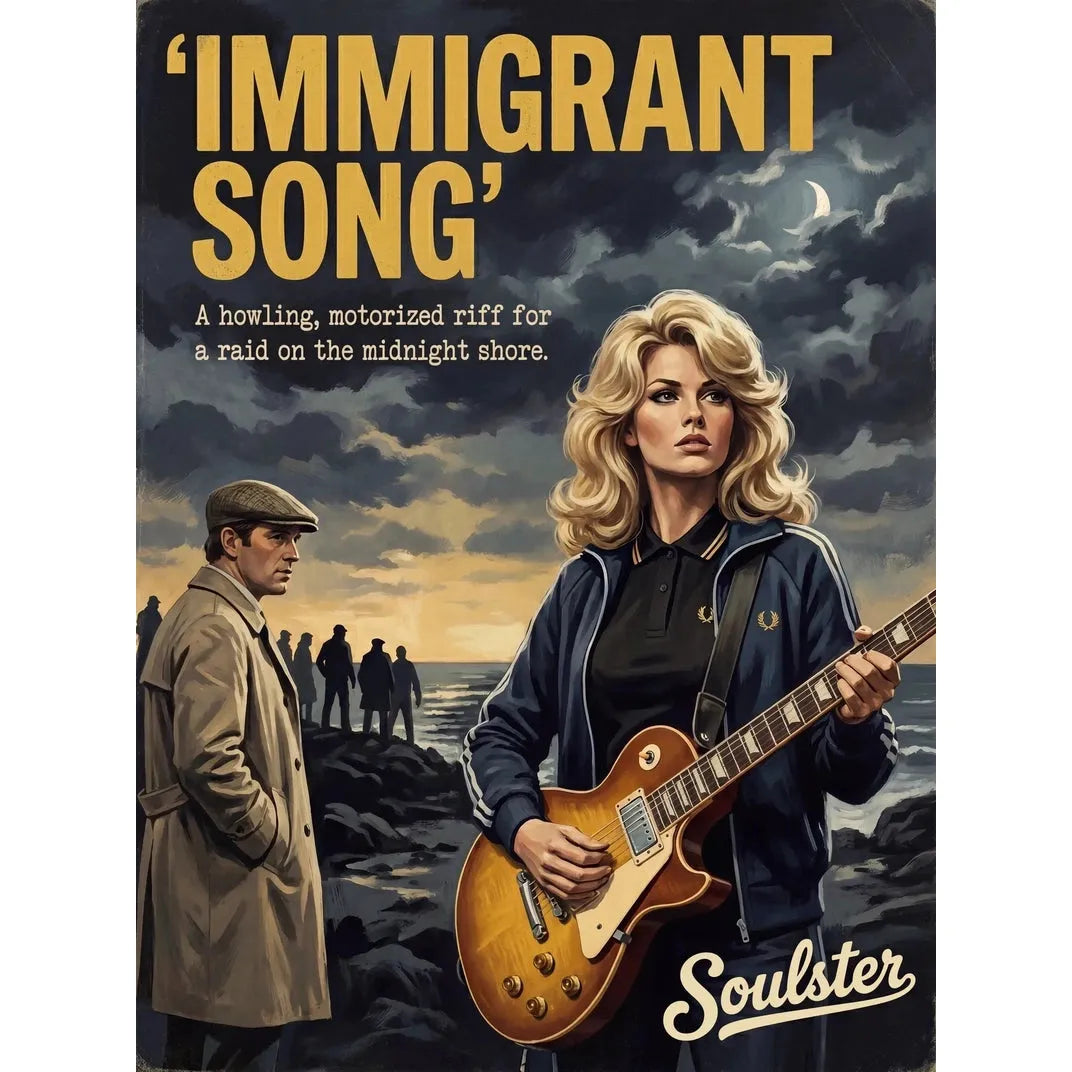 Soulster retro pulp thriller book cover style art print illustration inspired by Led Zeppelin - Immigrant Song.