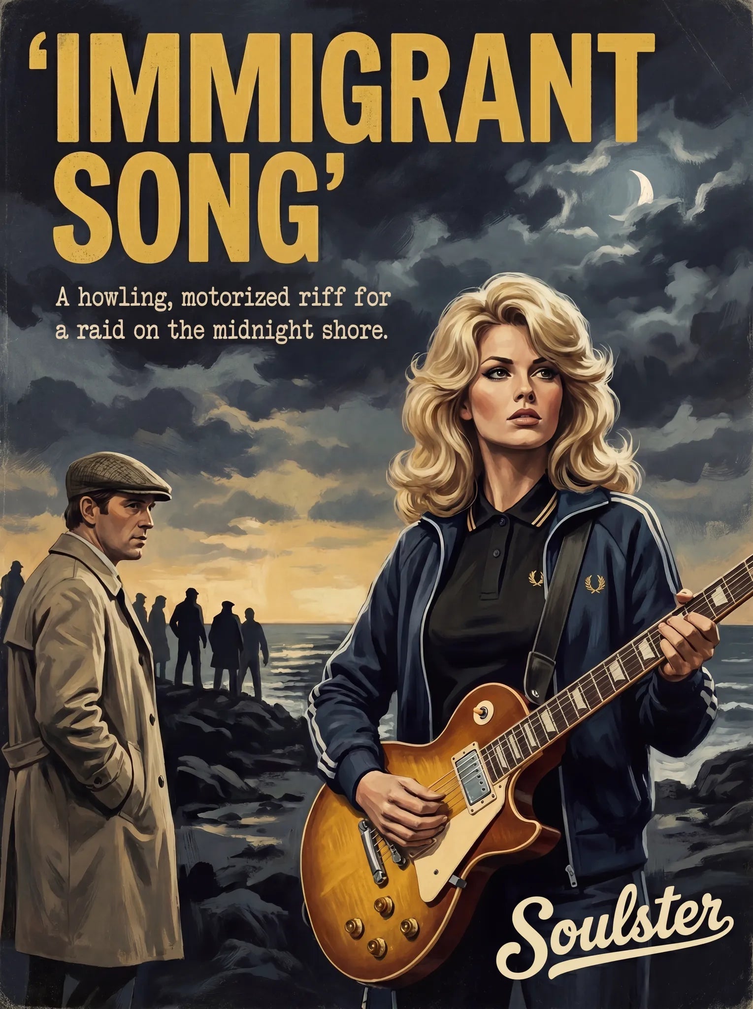 Soulster retro pulp thriller book cover style art print illustration inspired by Led Zeppelin - Immigrant Song.
