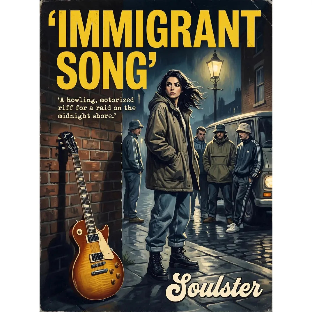 Soulster cinematic vintage pulp book cover art print illustration styled in a classic 1990s design layout inspired by Immigrant Song.