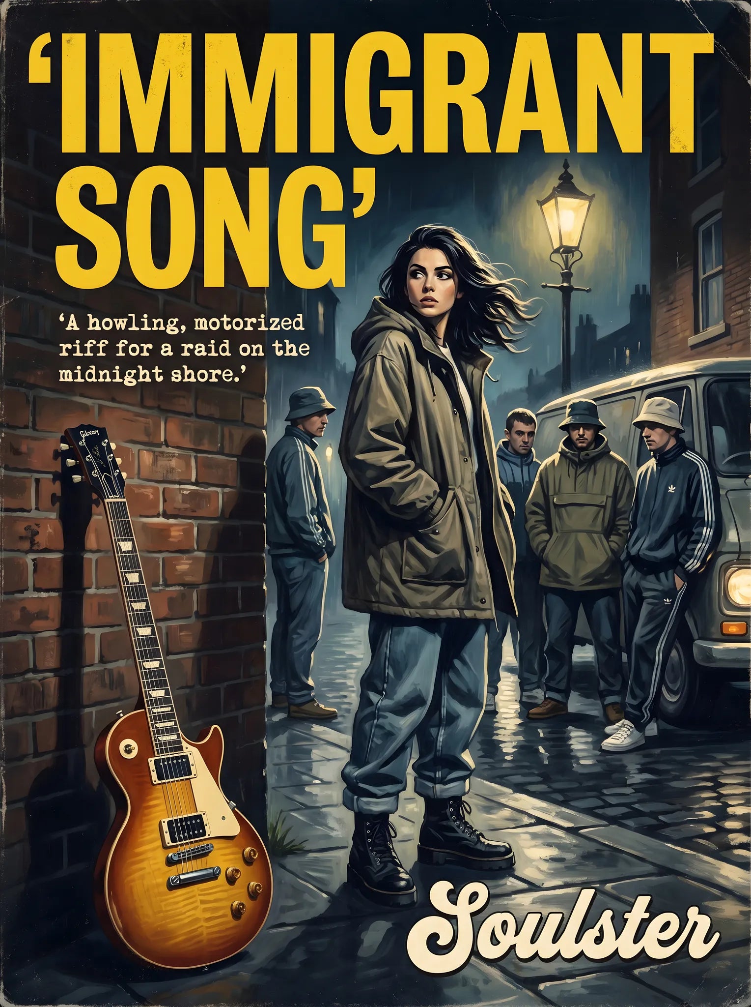 Soulster cinematic vintage pulp book cover art print illustration styled in a classic 1990s design layout inspired by Immigrant Song.