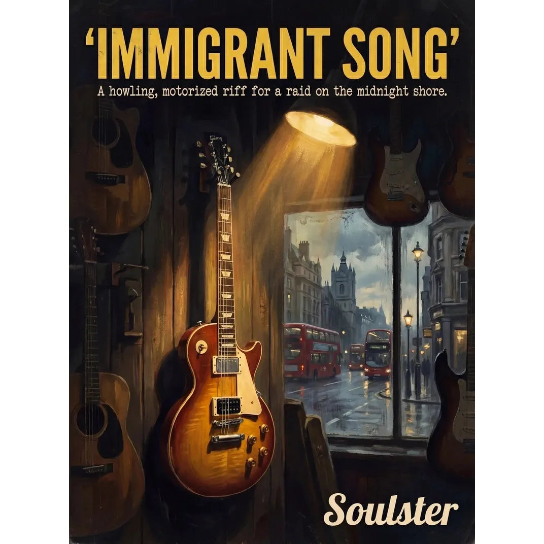 Soulster Manchester Edition wall art print showing a cinematic pulp style design of a Gibson Les Paul Standard inspired by Immigrant Song - London.