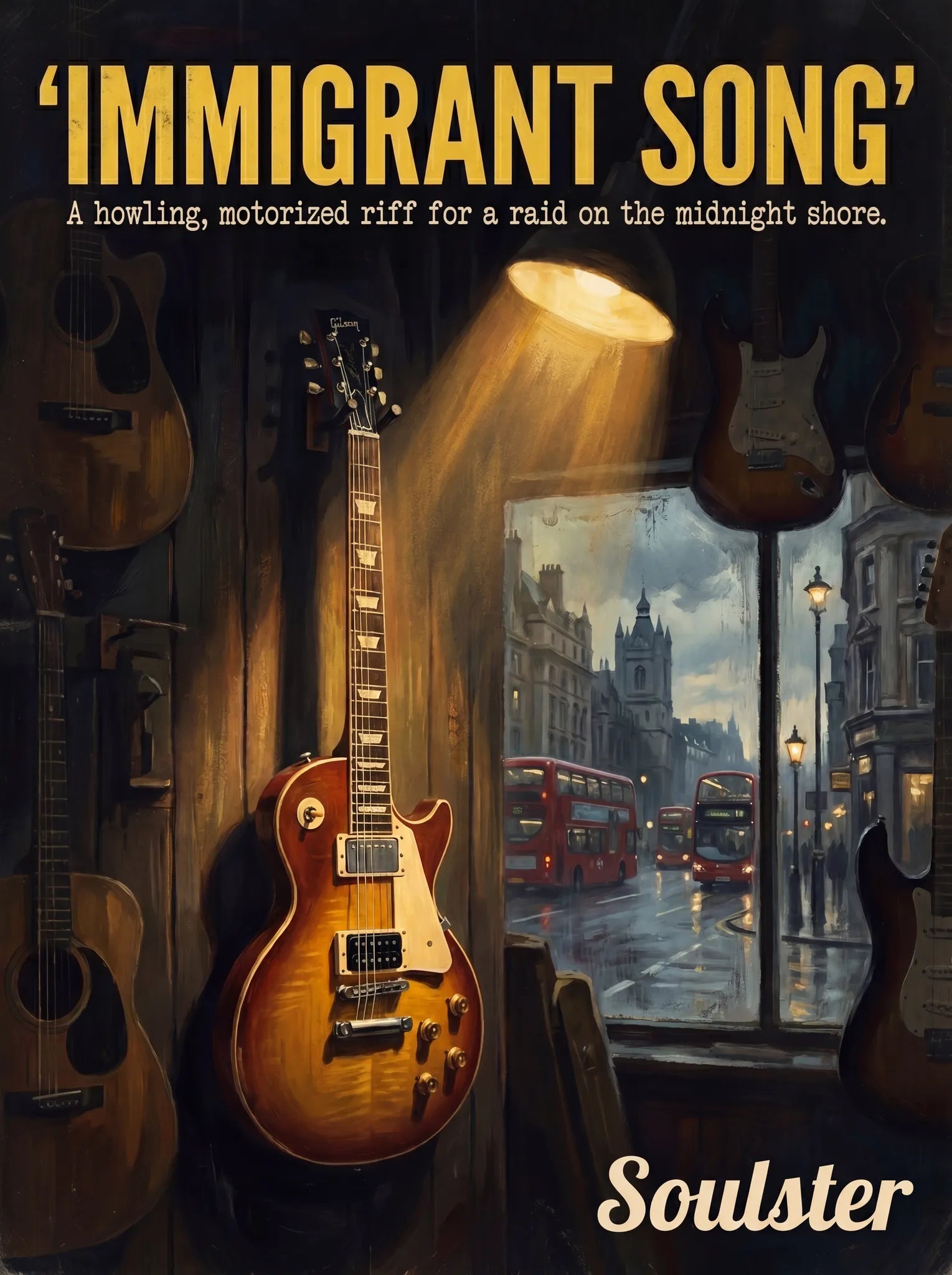Soulster Manchester Edition wall art print showing a cinematic pulp style design of a Gibson Les Paul Standard inspired by Immigrant Song - London.