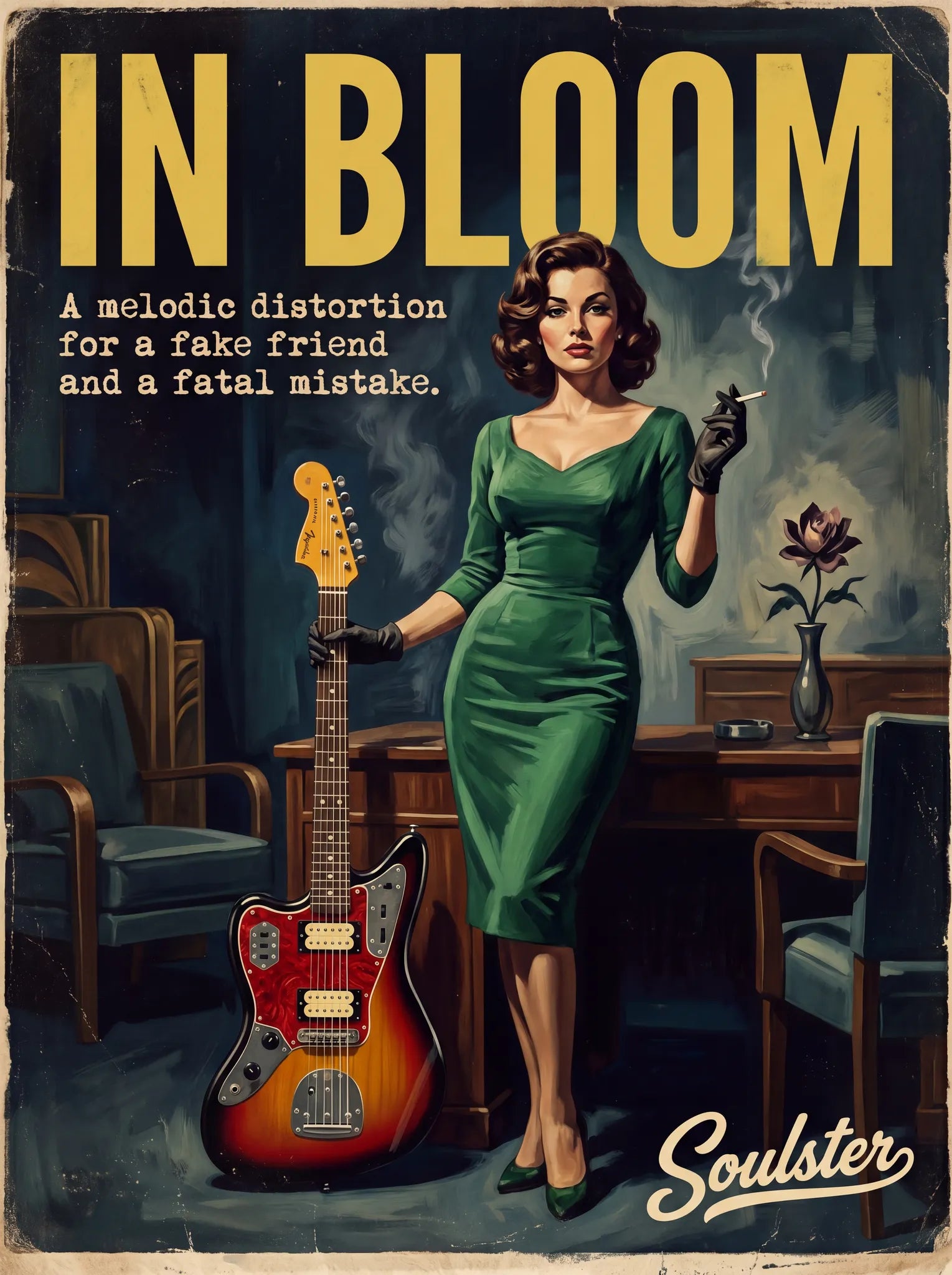 Soulster cinematic vintage pulp book cover art print illustration styled in a classic 1950s design layout inspired by In Bloom.