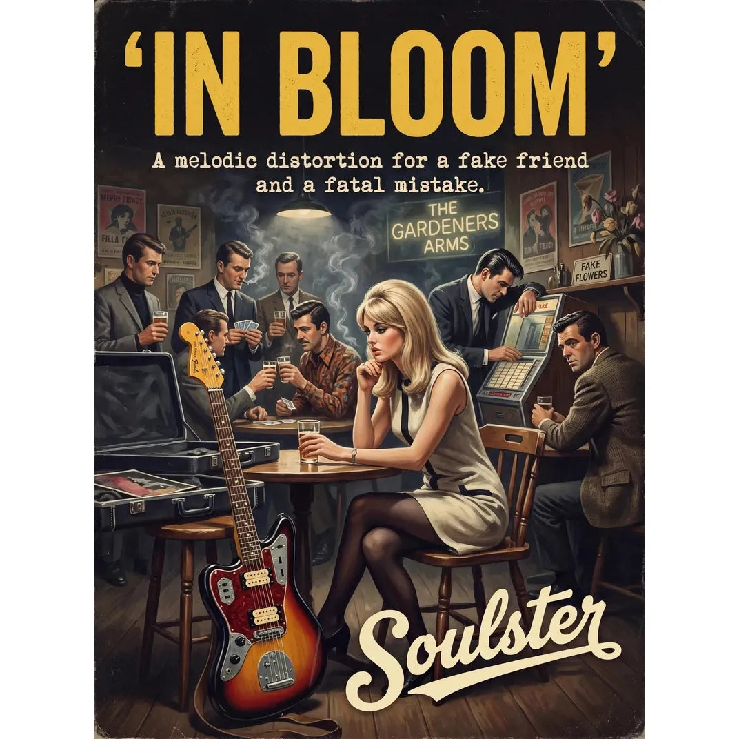 Soulster cinematic vintage pulp book cover art print illustration styled in a classic 1960s design layout inspired by In Bloom.