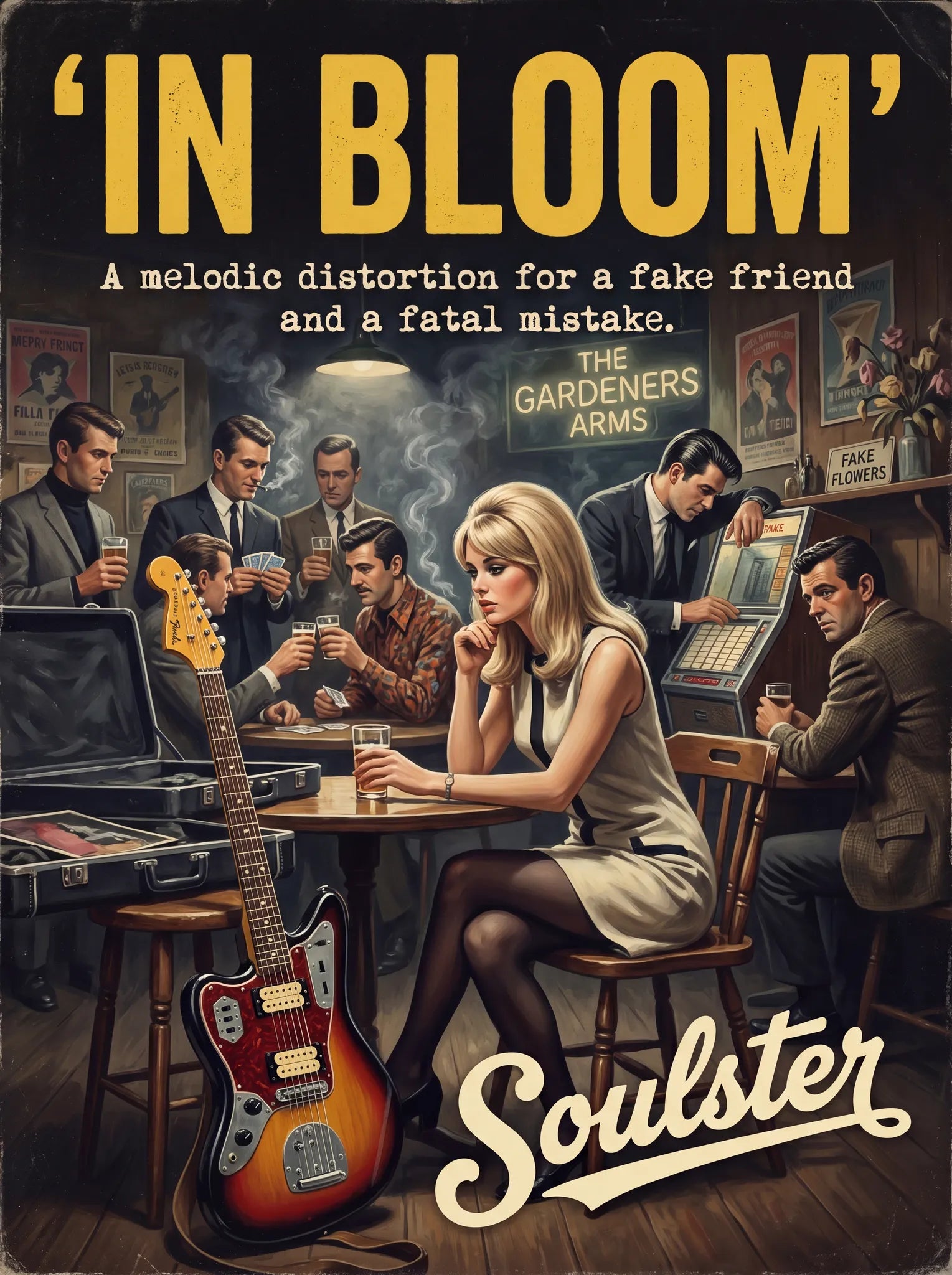 Soulster cinematic vintage pulp book cover art print illustration styled in a classic 1960s design layout inspired by In Bloom.