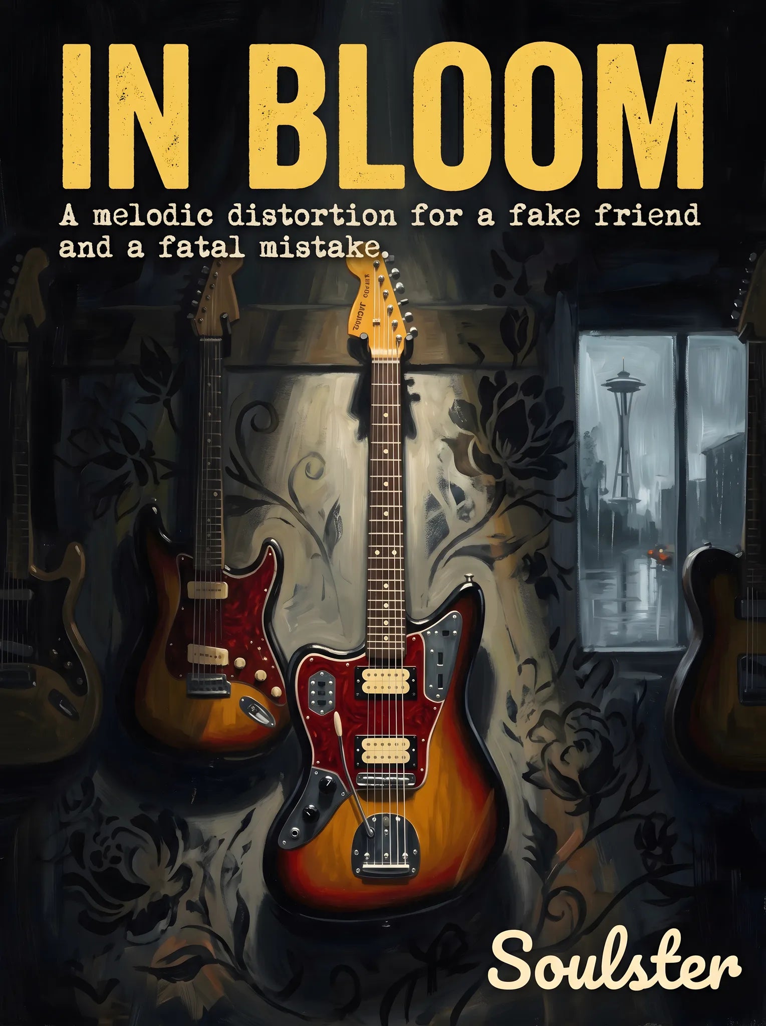 Soulster Manchester Edition wall art print showing a cinematic pulp style design of a Vintage Guitar inspired by In Bloom - Seattle.