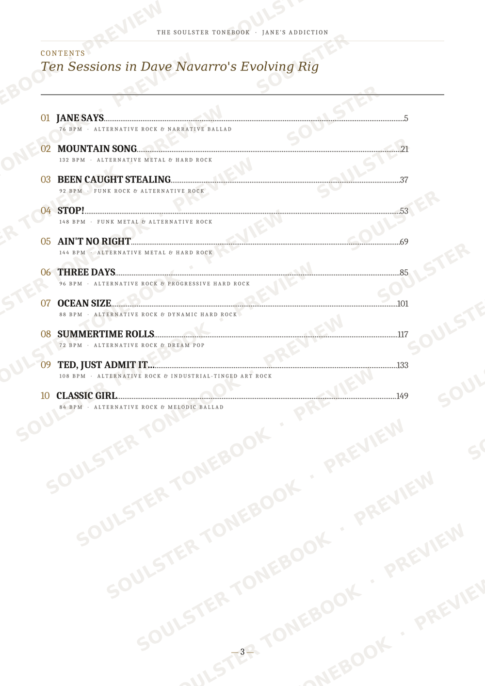 A printed page from a songbook or music book showing a table of contents titled 'Ten Sessions in Dave Navarro's Evolving Rig' with numbered song titles and page numbers, overlaid with repeated 'SOULSTER TONEBOOK PREVIEW' watermarks.