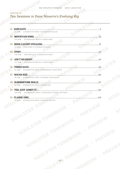 A printed page from a songbook or music book showing a table of contents titled 'Ten Sessions in Dave Navarro's Evolving Rig' with numbered song titles and page numbers, overlaid with repeated 'SOULSTER TONEBOOK PREVIEW' watermarks.