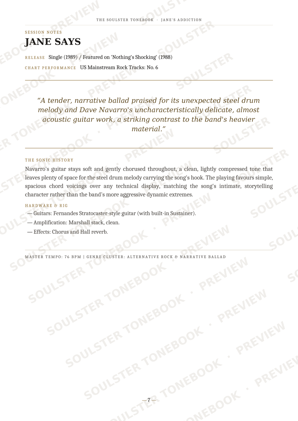 A photographed page from a book or magazine featuring an article about Jane Says by Steven Sandburg, with a large title, release info, a quote, and paragraphs of text on a white page with diagonal watermark text across the image.