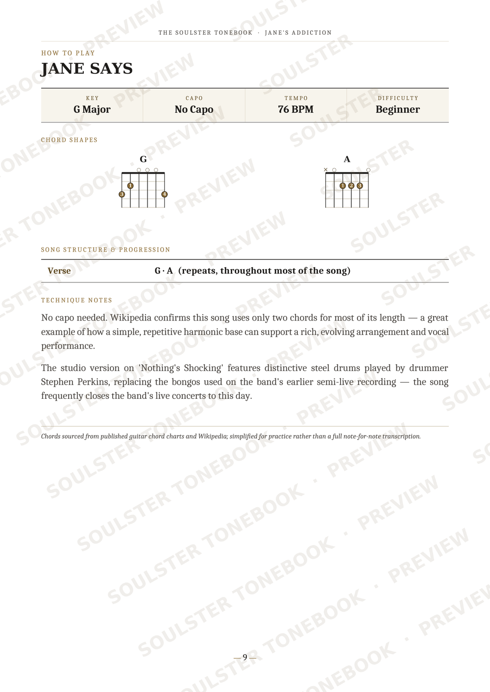 A printed or digital sheet music page for 'Jane Says' by The Soulster Foundation, showing key signature, chord charts for G and A major, structure/progression notes, and a lyrics section with a 'SOULSTER TONEBOOK' watermark across the page.