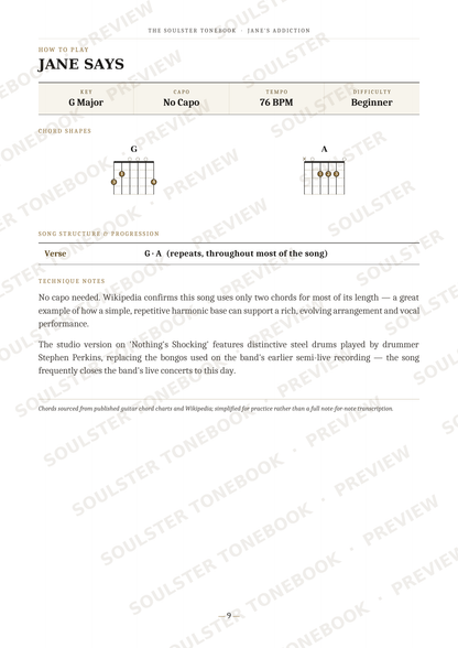 A printed or digital sheet music page for 'Jane Says' by The Soulster Foundation, showing key signature, chord charts for G and A major, structure/progression notes, and a lyrics section with a 'SOULSTER TONEBOOK' watermark across the page.