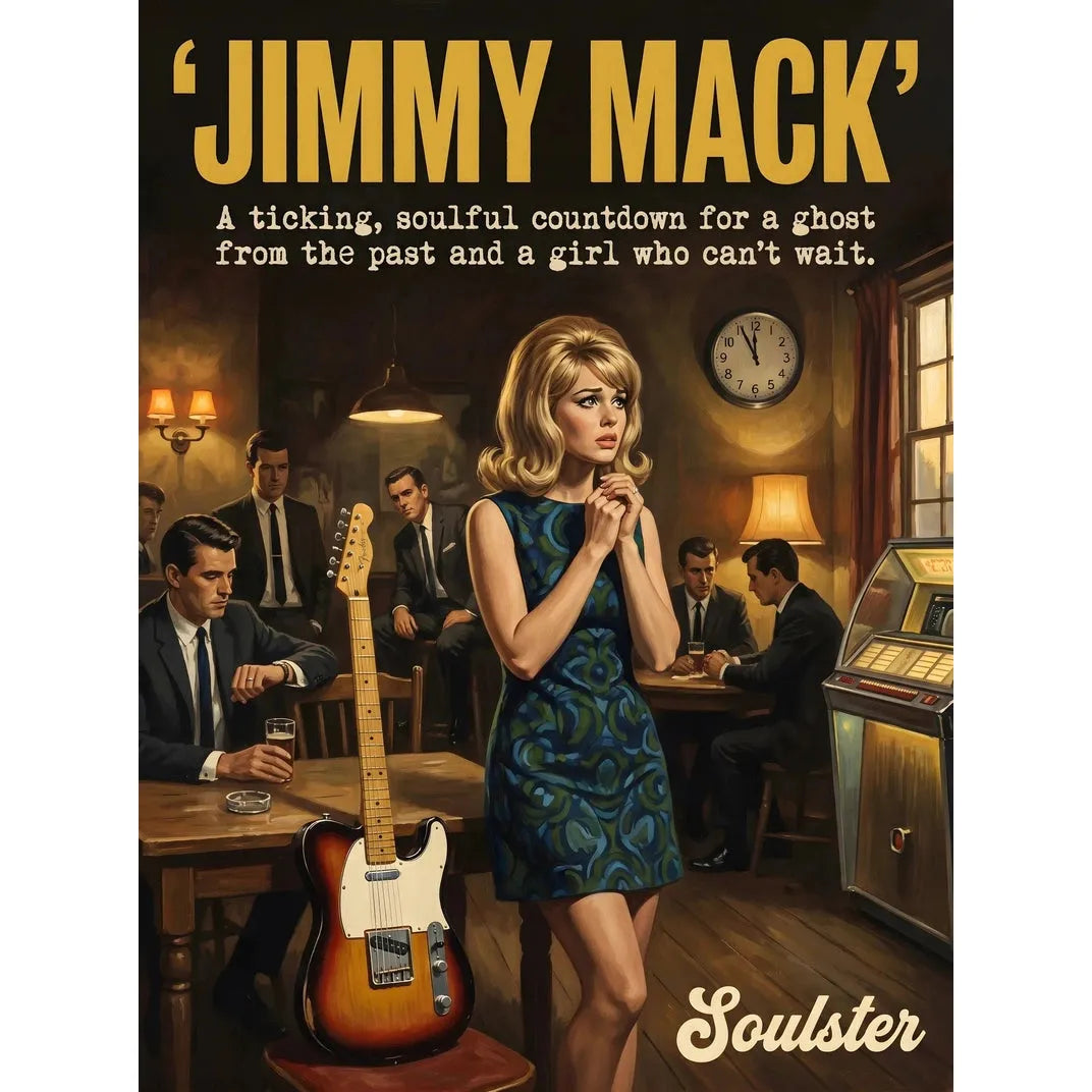 Soulster cinematic vintage pulp book cover art print illustration styled in a classic 1960s theme inspired by Jimmy Mack.