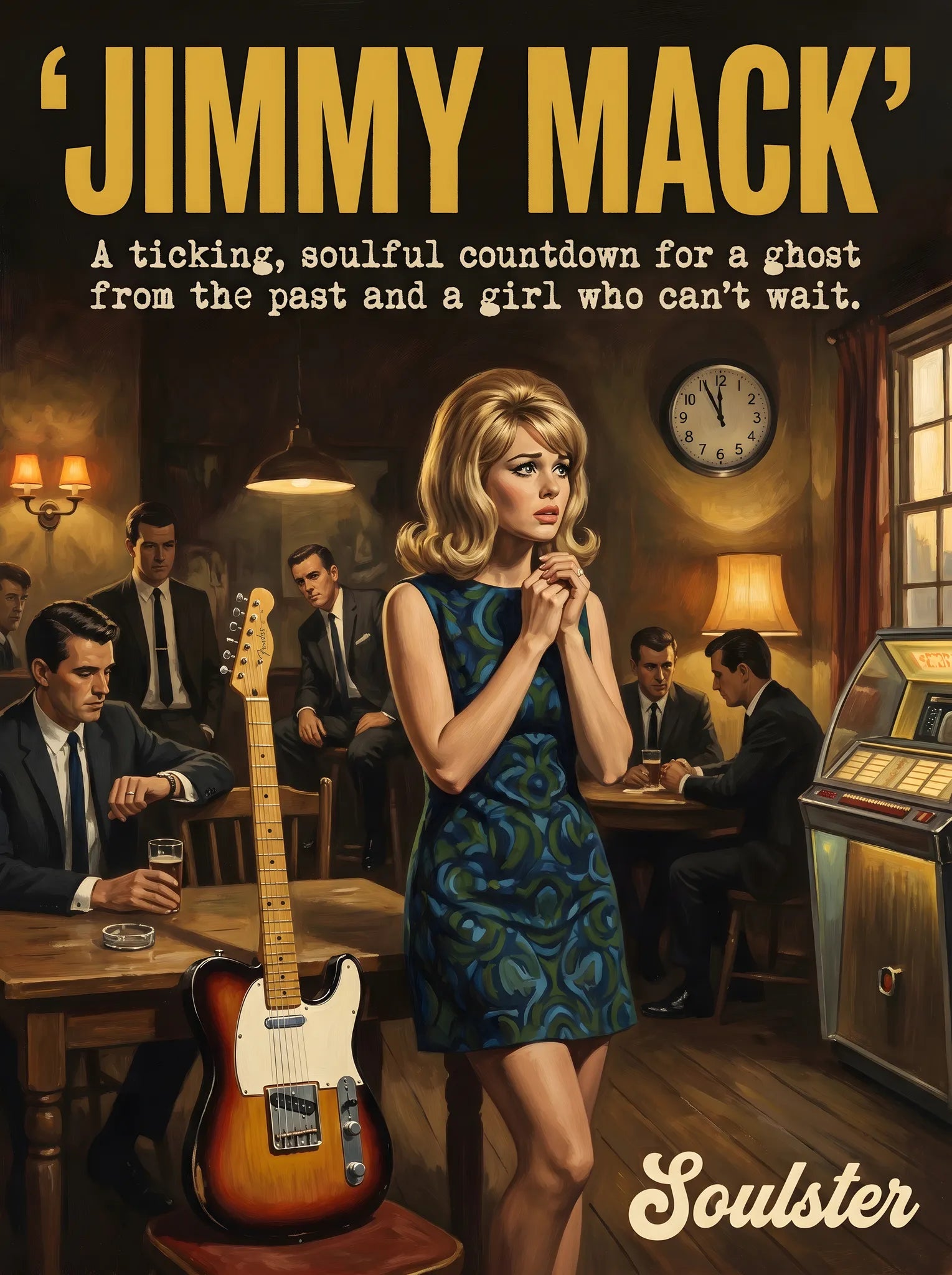 Soulster cinematic vintage pulp book cover art print illustration styled in a classic 1960s theme inspired by Jimmy Mack.