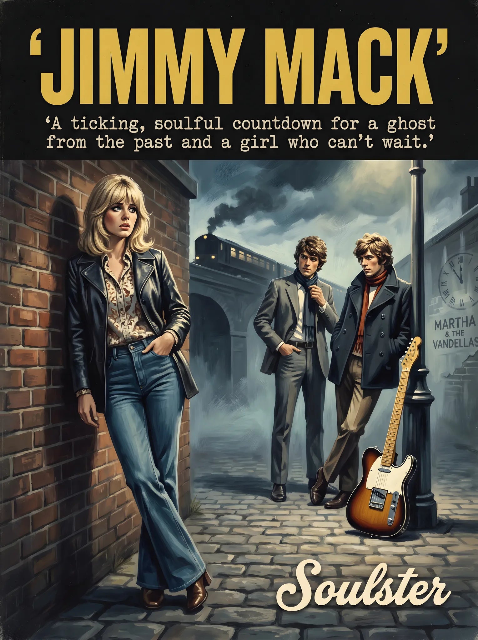 Soulster cinematic vintage pulp book cover art print illustration styled in a classic 1970s theme inspired by Jimmy Mack.