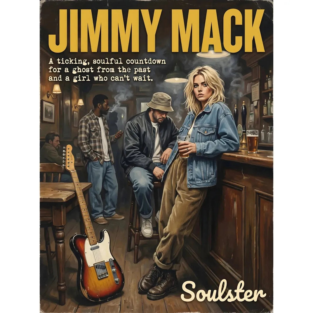 Soulster cinematic vintage pulp book cover art print illustration styled in a classic 1990s theme inspired by Jimmy Mack.