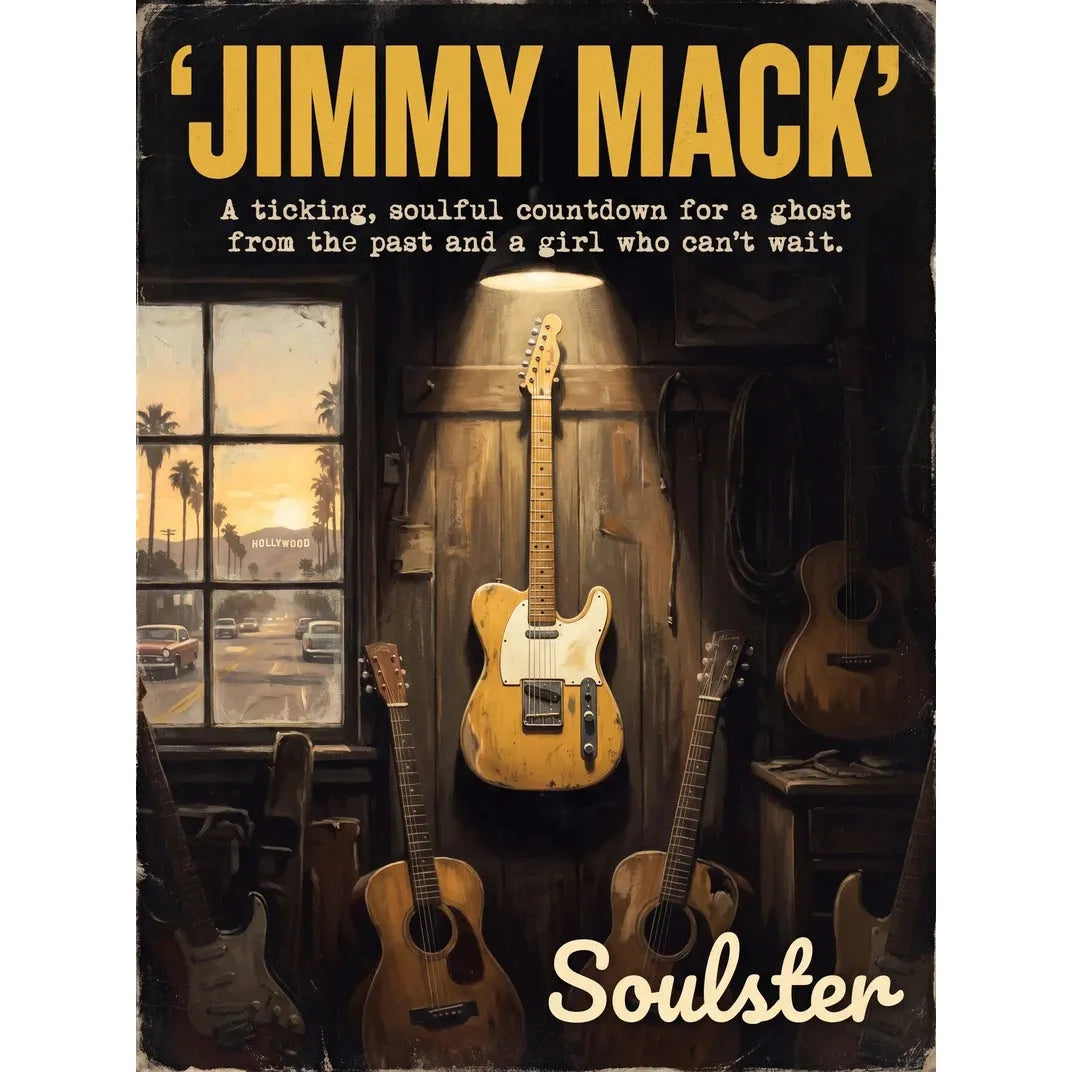 Soulster Manchester Edition wall art print showing a cinematic pulp style design of a Vintage Guitar inspired by Jimmy Mack - Los Angeles.