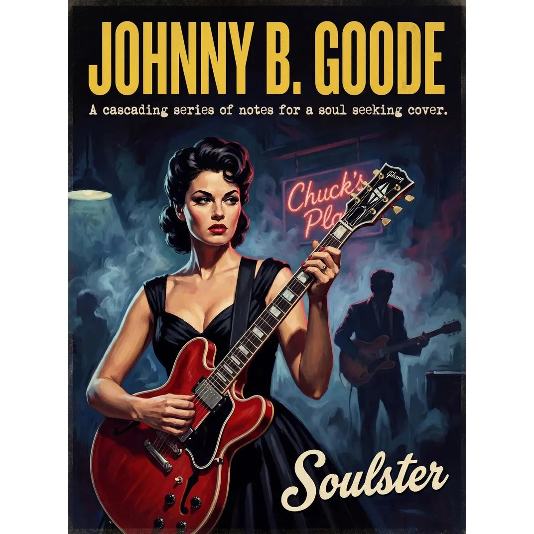 Soulster cinematic vintage pulp book cover art print illustration styled in a classic 1950s theme inspired by Johnny B. Goode.
