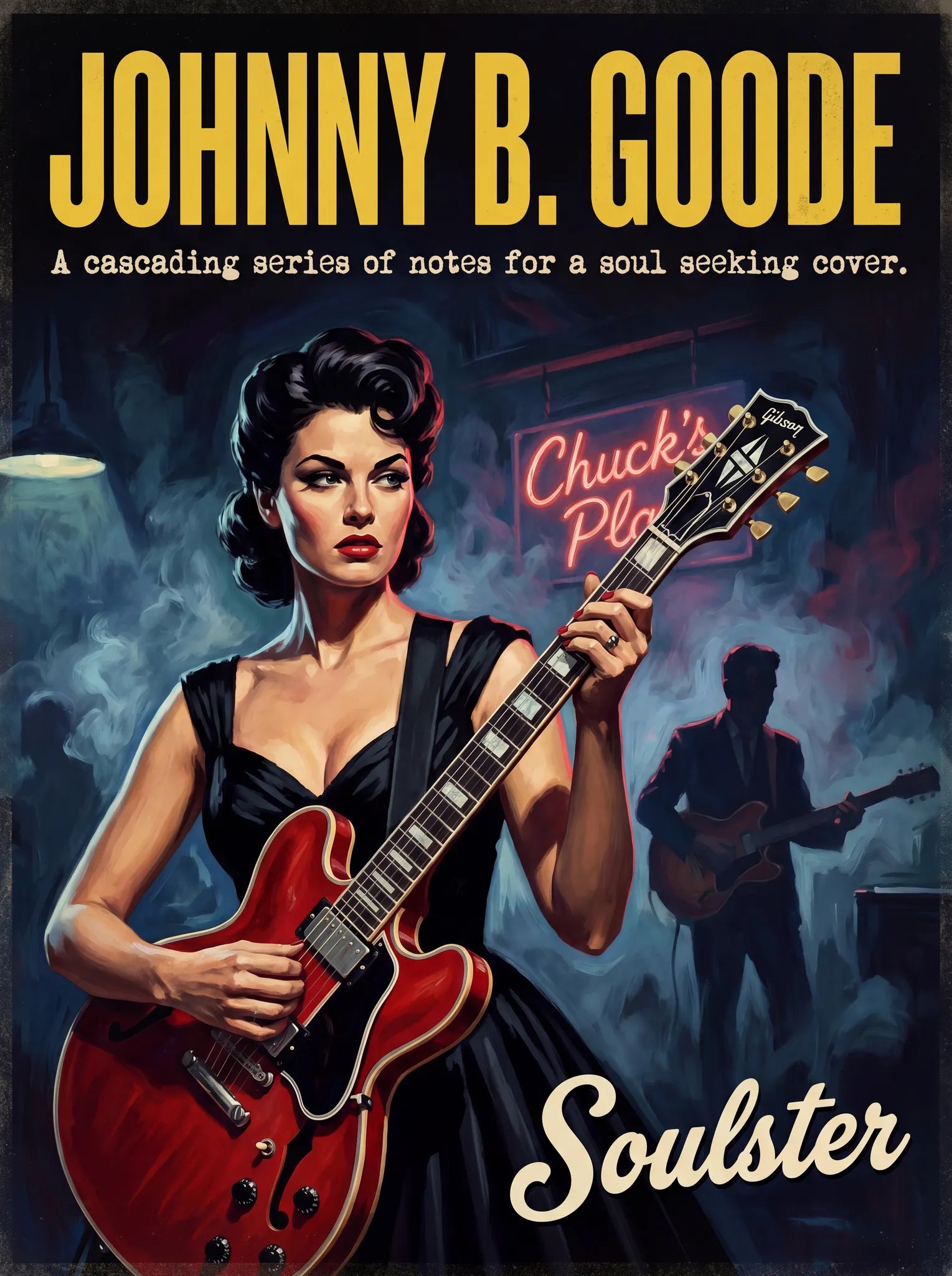 Soulster cinematic vintage pulp book cover art print illustration styled in a classic 1950s theme inspired by Johnny B. Goode.